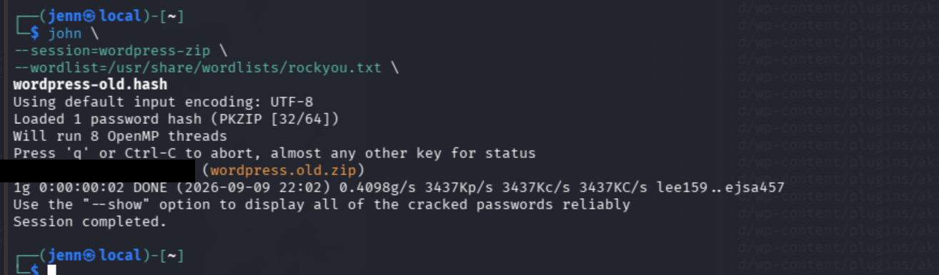 John the Ripper cracking the WordPress ZIP password with the password redacted